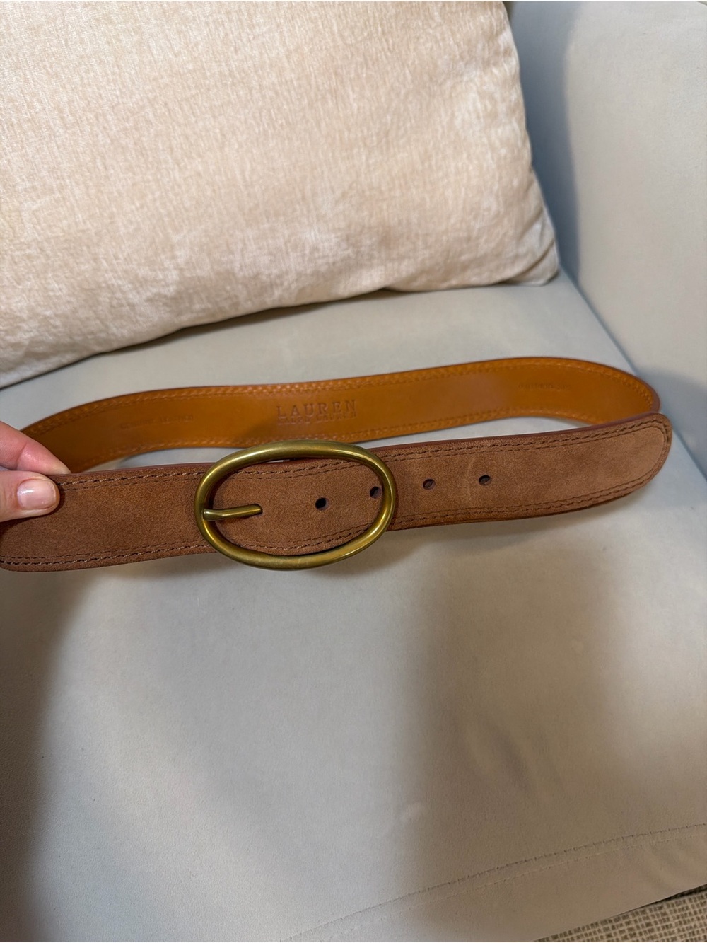 Ralph Lauren Brown Suede Belt with Brass Oval Buckle